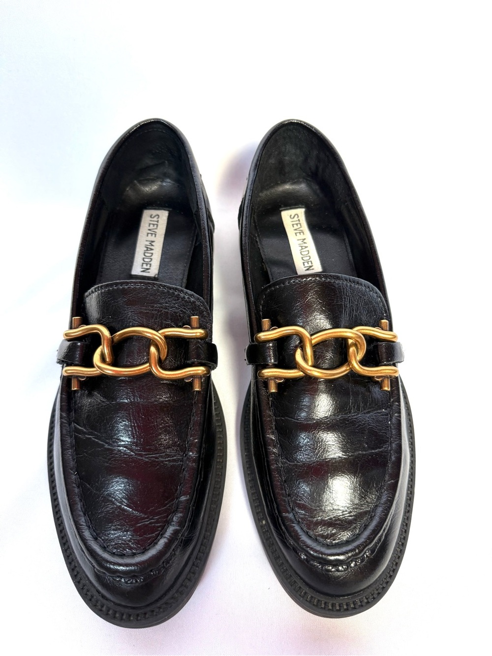 Steve Madden Karmine Black Leather Gold Chain Loafers Womens 8 39
